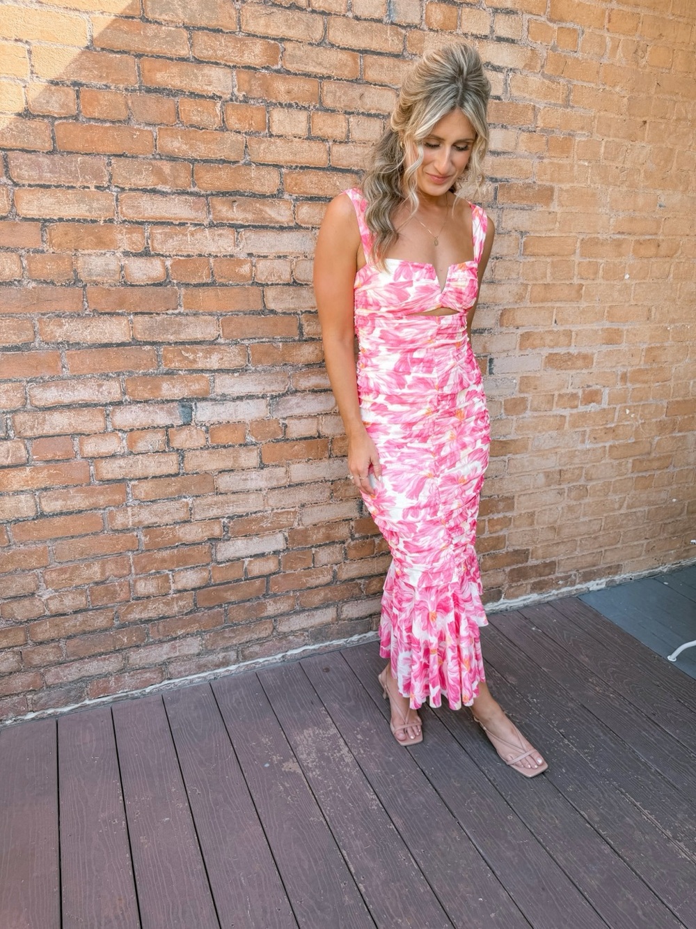 Lulu's Pink White Watercolor Floral Midi Dress